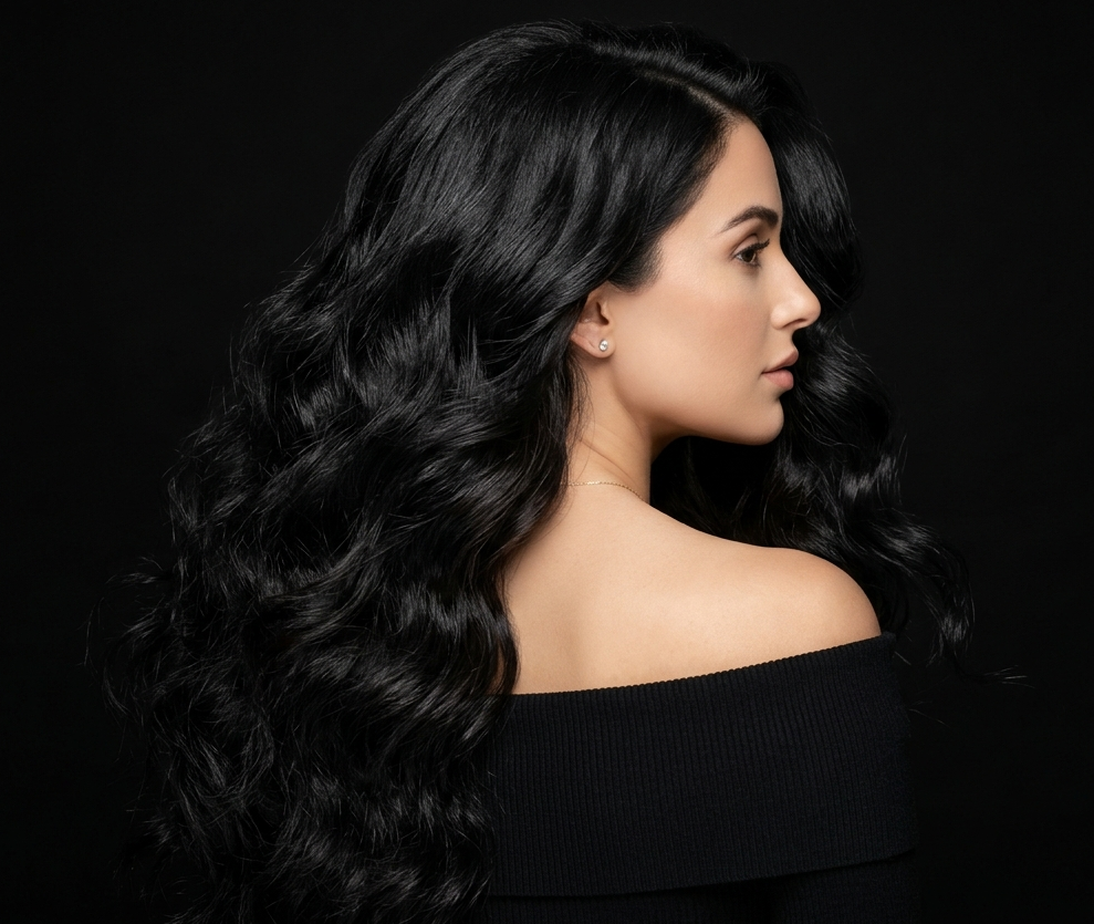 Woman with long dark wavy hair